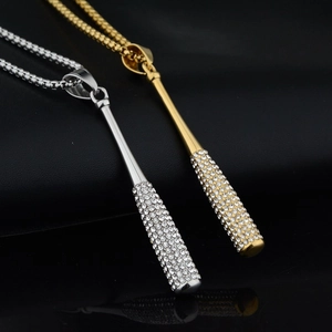 Hip Hop Baseball Bat Pendant Necklace Stainless Steel Rhinestone Inlaid Sparkly Sports Jewelry For Men Women Personal Accessory