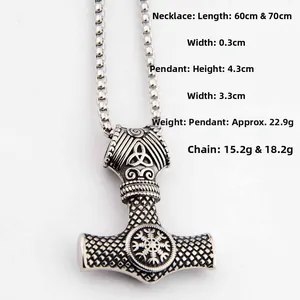 Detail view of Mjolnir pendant with Viking runes on a 60cm stainless steel ball chain