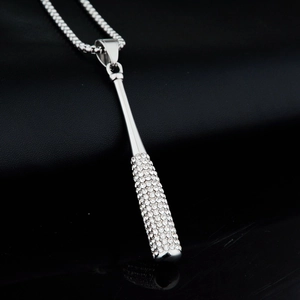 Hip hop baseball bat pendant necklace in silver stainless steel with sparkling crystals