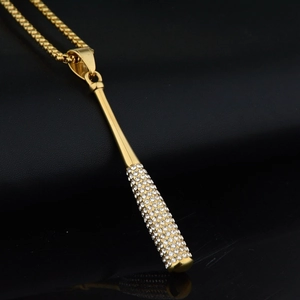 Iced out gold baseball bat pendant necklace with sparkling rhinestones for hip hop style