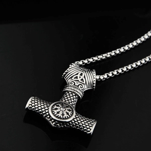 Vintage Thor's Hammer Mjolnir pendant necklace with Nordic runes on black mirror base