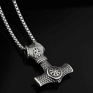Vintage Mjölnir pendant necklace with box chain in polished silver stainless steel