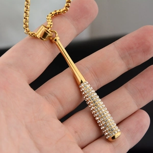 Hip hop baseball bat pendant necklace with iced out rhinestones on a gold box chain