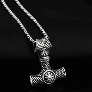 Viking Mjölnir pendant necklace with Vegvisir compass engraving in silver steel finish