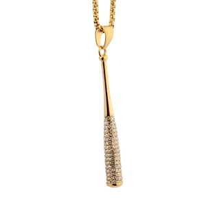 Hip hop baseball bat pendant necklace with cubic zirconia in gold plated titanium steel