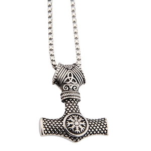 Vintage Thor's Hammer Mjölnir pendant necklace with Viking runes on a square pearl chain