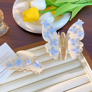 Elegante Pinza Per Capelli A Farfalla In Acetato Con Fiori Blu E Strass Dolce Fermaglio Per Capelli Bianco Crema Per Donna Uso Quotidiano