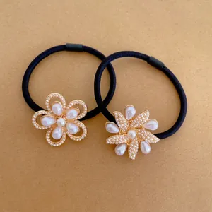 Elegant floral hair ties with white pearls and gold alloy on high-elastic black bands
