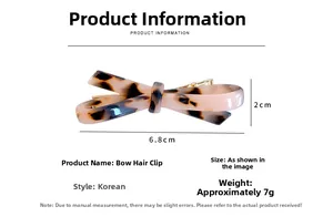 Close-up of tortoise shell pattern acetate bow hair clip with 6.8cm size dimensions