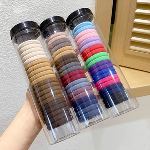 Detailed view of elastic hair ties in a transparent bottle with various vibrant colors