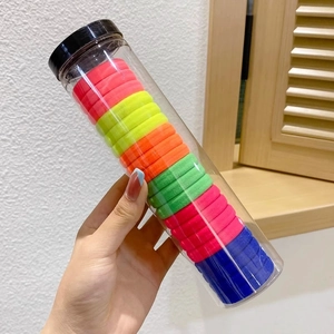 Close-up of high elasticity colorful seamless hair ties set in a clear storage cylinder