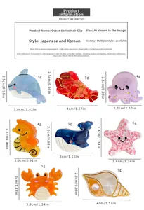 Size guide for marine acetate hair claws featuring dolphin, starfish, and crab motifs