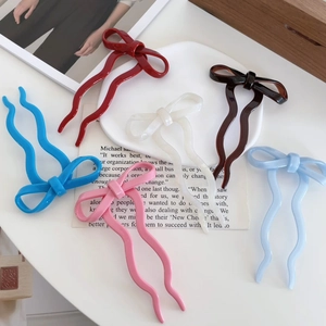 Ballet Style Acetate Bow Hair Stick For Women Polished Sweet Wavy U-Shaped Hair Fork Elegant Hair Accessory