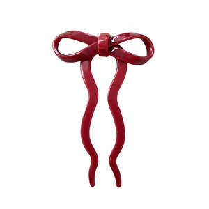 Elegant red bow hair pin with double-tooth wavy structure for women hair styling