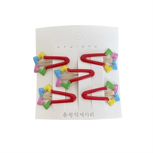 Five-piece set of red metal star snap clips with colorful rainbow patterns for girls