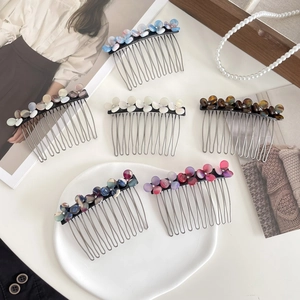 Set of 6 floral acetate hair side combs in various colors with metallic teeth