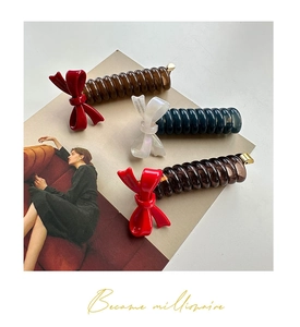 Detail of three spiral hair ties with bows in red and pearl white on a magazine page