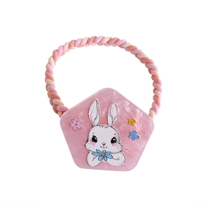 Elastic pink hair tie with rabbit resin charm and braided cord for girls styling