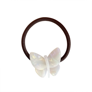 Handmade pearlescent acetate butterfly hair tie with durable brown elastic band for women