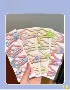 Detail showing candy-colored wavy hair clips with cute resin bears and floral shapes