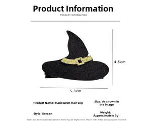 Detail view of mini black sequined witch hat hair clip with blue gemstone and dimensions