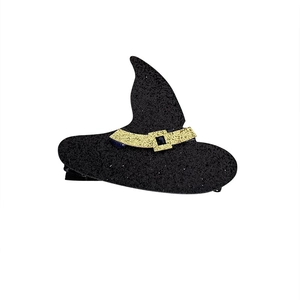 Sparkly black Halloween wizard hat hair clip with gold glitter belt and blue gem detail
