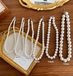 Detail of high-luster faux pearl necklaces in sizes 6mm to 18mm with metal clasps