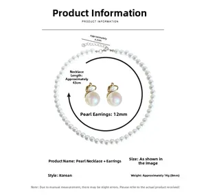 Detail view of pearl necklace and ear clip set with sizing and weight parameters