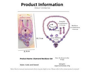 Detail of purple bead jewelry set with dimensions for girls' heart and crown accessories