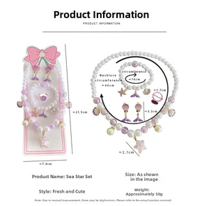 Detailed view of sea star themed kids jewelry set with necklace and bracelet sizes