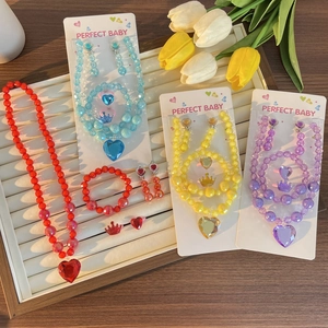 Girls Heart Crown Jewelry Collection Plastic Beaded Necklace Bracelet Earrings Ring Princess Dress Up Accessory Gift Kit