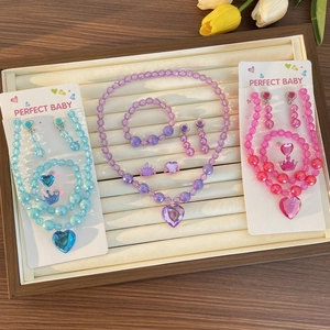 Kids heart crown princess jewelry set with necklace and bracelet in blue purple pink