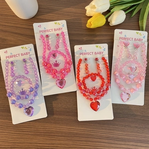 Kids heart gemstone jewelry set with beaded necklace bracelet ring and ear clips