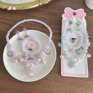 Ocean Theme Faux Artificial Pearl Mermaid Charms Necklace Bracelet Ring Earrings For Kids Girls Jewelry Birthday Gift