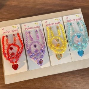 Kids heart jewelry set with beaded necklace crown ring and earrings in four colors