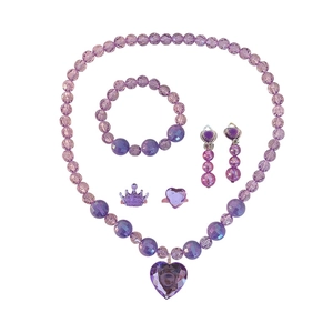Kids purple heart jewelry set including beaded necklace, bracelet, earrings and crown ring