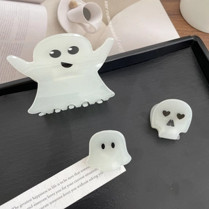 Halloween acetate hair claw clips set featuring ghosts and skulls in creamy white finish
