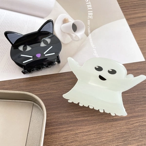Halloween acetate hair clips featuring a glossy black cat and cute white ghost design