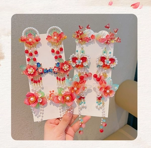 Detail of Hanfu hair clip featuring red flowers, resin butterfly and long tassels