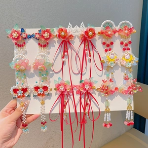 Vintage Chinese Style Hanfu Flower Hair Clips With Long Tassel Artificial Pearl Bead Butterfly Moon Rabbit Kids Girls Hair Accessories