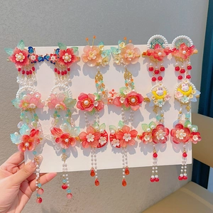 Hanfu hair clips with floral designs and long tassels for girls in traditional Chinese style