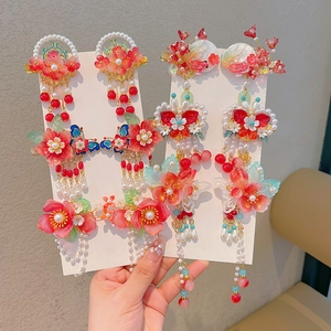 Traditional Chinese Hanfu flower hair clips with red petals and white pearl tassels