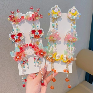 Hanfu hair clip set with flower tassels and jade rabbit motifs for girls and women