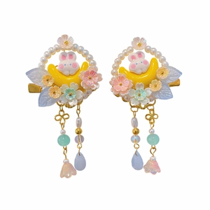 Traditional Chinese flower hair clips with cute rabbit, pearls and long tassels