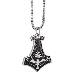 Ciondolo Mjolnir vichingo nordico in acciaio argento con incisioni Valknut e aquila