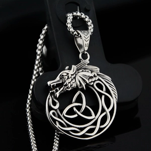 Gothic punk dragon pendant necklace in oxidized titanium steel with Triquetra symbol
