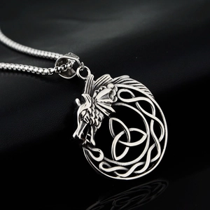 Silver stainless steel dragon pendant necklace with Celtic knot on black leather
