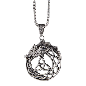 Nordic dragon ouroboros and triquetra knot necklace pendant with silver finish chain