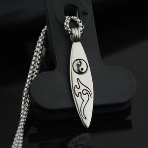Vintage silver surfboard pendant necklace with Yin Yang symbol and box chain