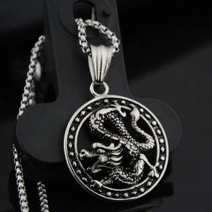 Collier pendentif rond dragon en acier inoxydable avec chaîne vénitienne pour hommes et femmes